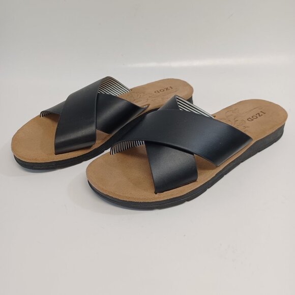 IZOD Sandals Black Tan Alyssa Criss Cross Slip On Open Toe Flats Womens 6 M - Picture 2 of 15